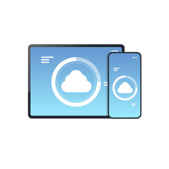 internet connection mobile application cloud synchronization tablet smartphone screen digital network technology concept white background