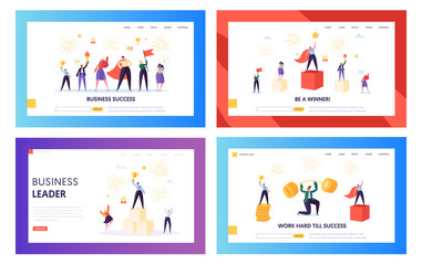 Wall Mural - Winner Business Achievement Concept Landing Page Set. Entrepreneur Businessman Leader. Happy Team Success with Manager Holding Winner Prize Money Website or Web Page. Flat Cartoon Vector Illustration