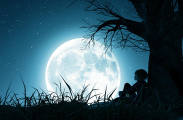 Wall Mural - Lonely girl sitting alone under the tree and looking to the moon,3d rendering