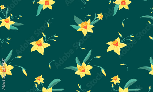 Fotomural Seamless pattern of small narcissus flowers with green leaves
