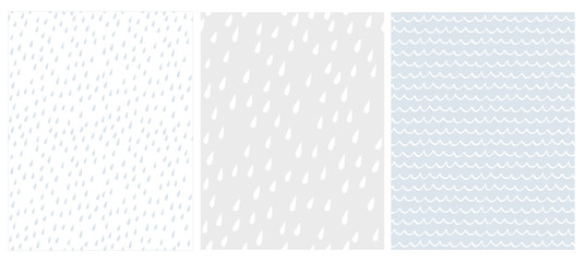 Wall Mural - set of 3 cute abstract geometric vector patterns. white, gray and blue color design. brushed raindro