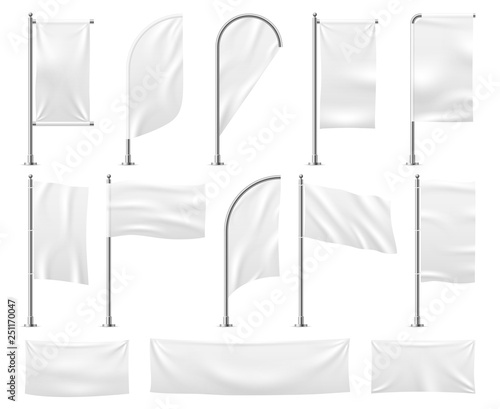 White Flags Set Blank Banner Mockup Empty Waving Fabric Canvas