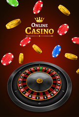 Wall Mural - Casino roulette with chips, coins and red dice realistic gambling poster banner. Casino vegas fortune roulette wheel design flyer