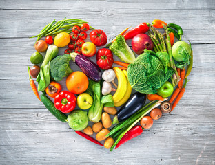 Wall Mural - Heart shape by various vegetables and fruits