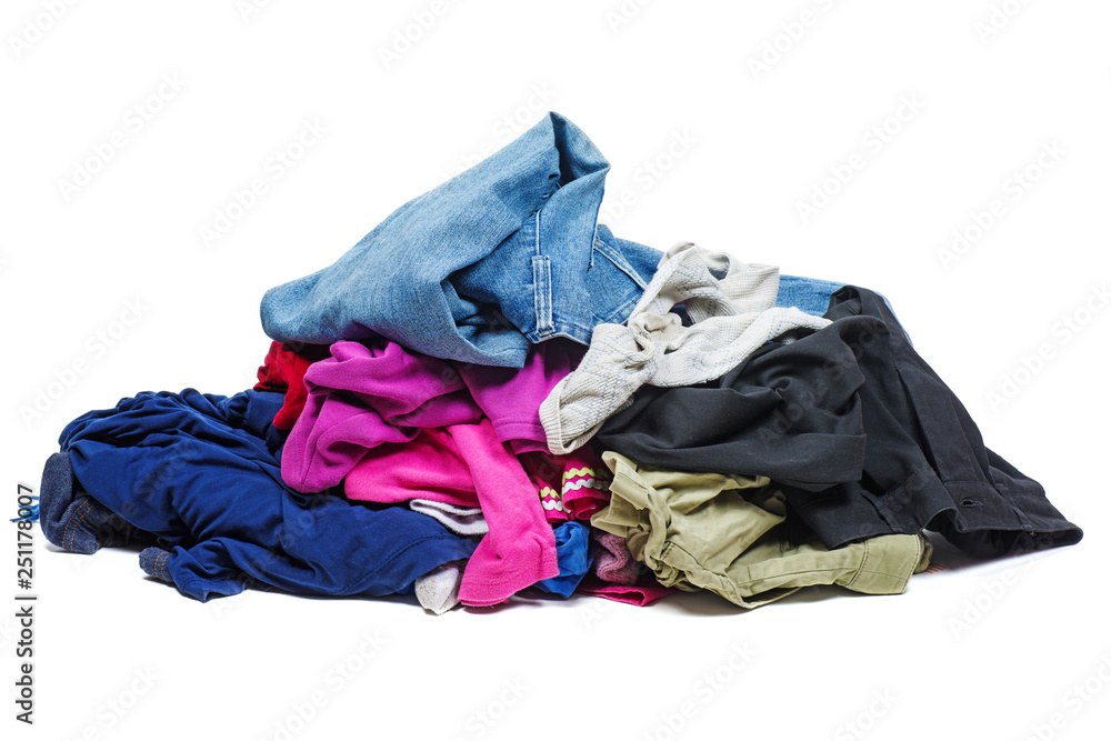 Pile of old, used clothes isolated on white - obrazy, fototapety, plakaty 