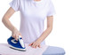 © Kabardins photo - Woman ironing laundry towels on iron board on white background isolation