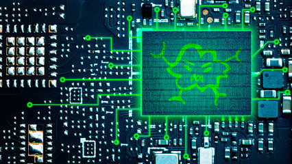 Computer virus icon, circuit board background