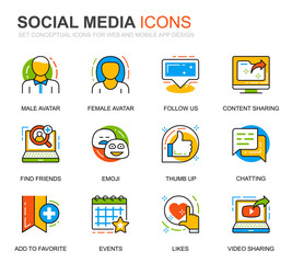 Leinwandbilder - Simple Set Social Media and Network Line Icons for Website and Mobile Apps. Contains such Icons as Avatar, Emoji, Chating, Likes. Conceptual color line icon. Vector pictogram pack.