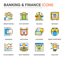 Leinwandbilder - Simple Set Banking and Finance Line Icons for Website and Mobile Apps. Contains such Icons as Balance, E-Banking, Auction, Financial Growth. Conceptual color line icon. Vector pictogram pack.