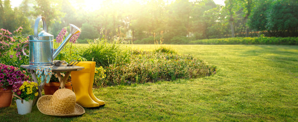 Poster - Gardening tools and flowers in the garden