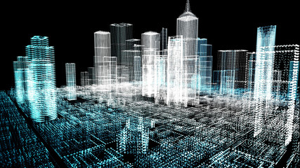 Wall Mural - Energy power of future big city concept, neon cyber light skyscraper building of business area architecture simulation technology digital world metaverse