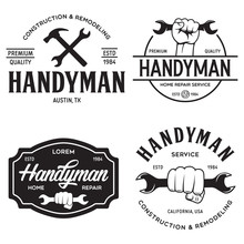 Handyman Labels Badges Emblems And Design Elements. Tools Silhouettes. Carpentry Related Vector Vintage Illustration.
