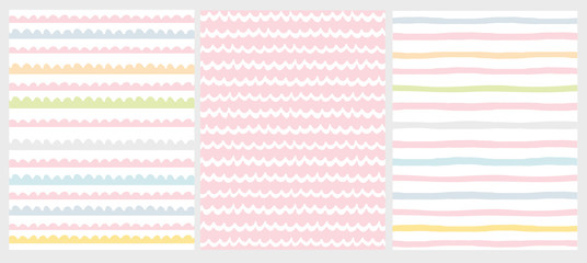 Wall Mural - set of 3 cute abstract geometric vector patterns. light multicolor design. brushed style waves on a 