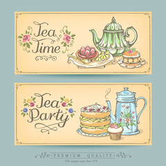 Wall Mural - Card collection of hand-drawn cakes. Vintage posters of bakery sweet shop. Freehand drawing, sketch