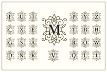 Set Of Elegant Capital Letters. Vintage Logos. Filigree Monograms. Beautiful Collection. English Alphabet. Simple Drawn Emblems. Graceful Style. Design Of Calligraphic Insignia. Vector Illustration
