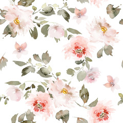 Seamless summer pattern with watercolor flowers handmade.
