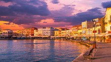 CHANIA, CRETE ISLAND, GREECE - JUNE 26, 2016: Stunning Sunset View Of The Old Venetian Port Of Chania On Crete Island, Greece.