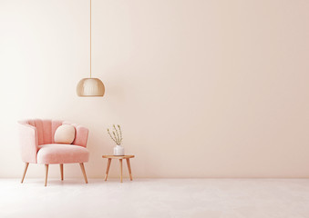 Aufkleber - Living room interior wall mock up with pastel coral pink armchair, round pillow, pendant lamp and  table on empty beige wall background. 3D rendering.