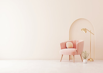 Wall Mural - Living room interior wall mock up with pastel coral pink armchair, round pillow, lamp, plant and arch on empty beige wall background. 3D rendering.