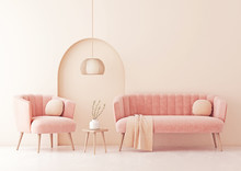Living Room Interior Wall Mock Up With Pastel Coral Pink Sofa And Armchair, Round Pillows, Plaid, Pendant Lamp And Decorative Arch On Beige Wall Background. 3D Rendering.
