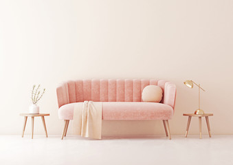 Wall Mural - Living room interior wall mock up with pastel coral pink sofa, round pillow and plaid on empty beige wall background. 3D rendering.