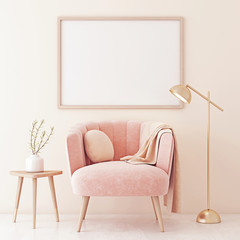 Poster mock up with horizontal frame on empty beige wall in living room interior with pastel coral pink armchair, lamp and plant on table. 3D rendering.