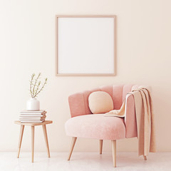 Aufkleber - Poster mock up with square frame on empty beige wall in living room interior with pastel coral pink armchair and plant on table. 3D rendering.