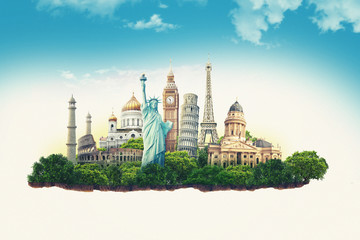 travel illustration world's famous landmarks and tourist destinations elements in colorful backgroun