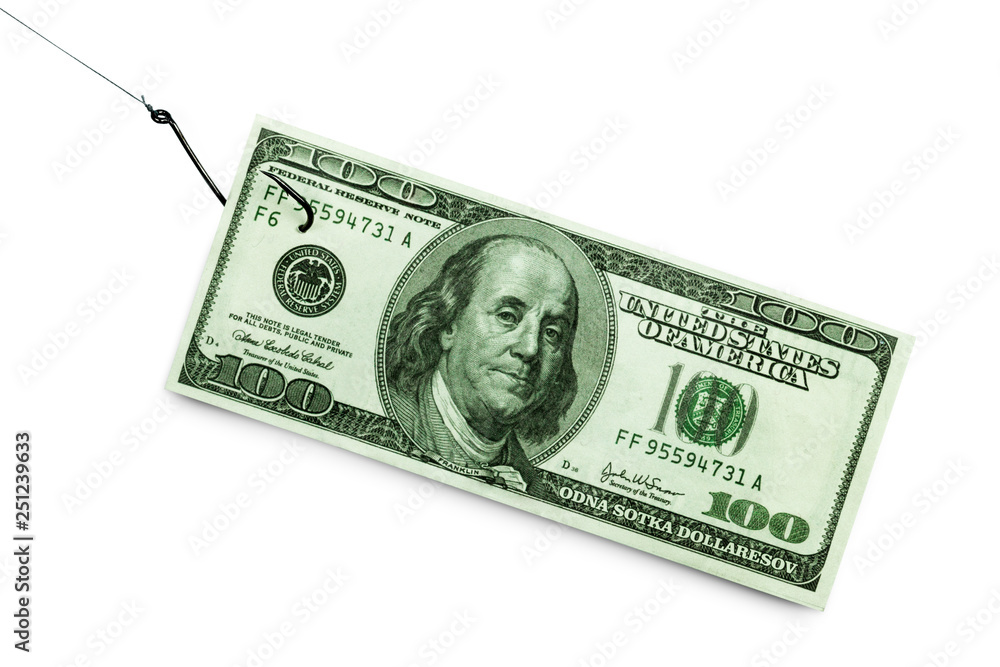 banknote on a hook, concept: catching money, money on a hook as a bait, put  money on a fish hook Stock Photo | Adobe Stock