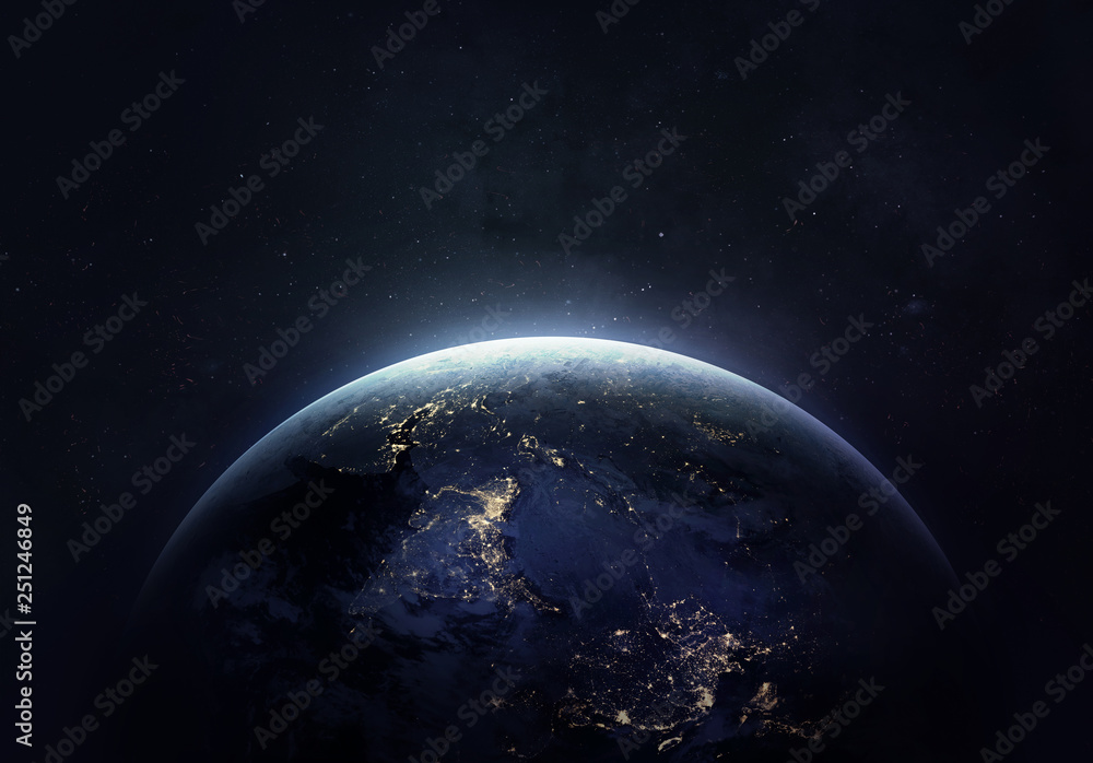 Nightly Earth in the outer space collage. Abstract wallpaper. City lights on planet. Civilization. Elements of this image furnished by NASA - obrazy, fototapety, plakaty 