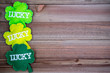Lucky shamrocks, concept for St Patricks Day in March. Flatlay on wood background
