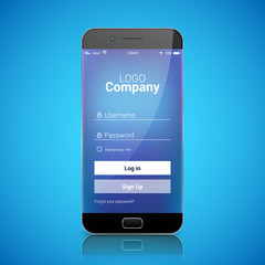 Mobile ui login register app template. Sign in vector signup design on smartphone