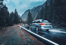 Blurred Car In Motion On The Road In Autumn Forest In Rain. Perfect Asphalt Mountain Road In Overcast Rainy Day. Roadway, Pine Trees In Italian Alps. Transportation. Highway In Foggy Woodland. Travel
