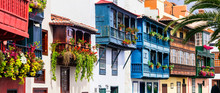 Traditional Colonial Architecture Of Canary Islands . Capital Of La Palma - Santa Cruz With Colorful Balconies