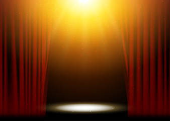 Red curtains theater scene stage backdrop. Vector show background performance concert. Light party design of stage