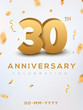 30 Anniversary gold numbers with golden confetti. Celebration 30th anniversary event party template