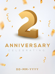 2 anniversary gold numbers with golden confetti. celebration 2 anniversary event party template