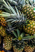Pile Pineapple Fruit Which Has Been Harvested And Display For Sale On Farmers Table In Market.