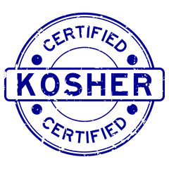 Sticker - Grunge blue kosher certified word round rubber seal stamp on white background