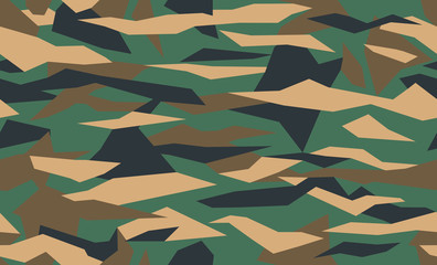 Abstract geometric camouflage, seamless pattern. Military camo texture with debris elements, army or hunting green clothes. Wallpaper for textile and fabric. Fashion style. Vector