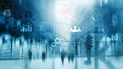Wall Mural - business process abstract diagram with gears and icons. workflow and automation technology concept