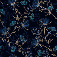 Wall Mural - Dark garden night  monotone blue color Seamless pattern of soft and graceful oriental blooming flowers,botanical vector design for fashion,fabric,wallpaper,and all prints