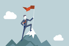Conquering Heights Flag Businessman Conqueror Character Achievement Top Point Aoal Mountain Background Business Concept Flat Design Vector Illustration