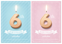 Burning Number 6 Birthday Candle With Vintage Ribbon And Birthday Celebration Text On Textured Blue And Pink Backgrounds In Postcard Format. Vector Vertical Sixth Birthday Invitation Templates.