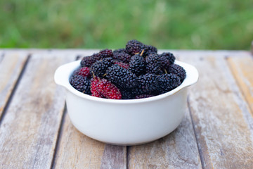 Wall Mural - The mulberry fruit in white bowl on wood table.