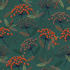 Beautiful Hand drawn seamless vector pattern. Fall/winter line flowers and orange berries design for fashion,fabric.wallpaper and all prints