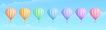 Hot Air Balloon Travel Adventure Vector Illustration Set. White Cloud On Summer Blue Sky, Collection Of Rainbow Colors Hot Air Balloons Or Airships For Sale Banner Promotion. Clipping Mask Applied.