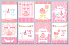 Baby Shower Card. Vector Baby Girl Design. Welcome Banner. Cute Born Party Background. Birth Template Invite. Pink Happy Greeting Poster With Kid, Stork, Pram, Polka Dot Print. Cartoon Illustration