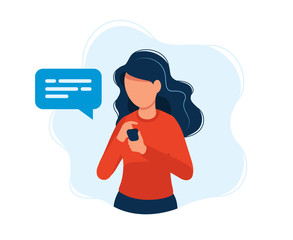 Wall Mural - Woman with smartphone. Concept illustration, texting, messaging, chatting, social media, customer assistance, meeting via internet, communication. Bright colorful vector illustration. 