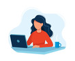 Woman working with computer. Concept illustration, working process, management, freelance, office, work from home, business meeting via internet, communication. Bright colorful vector illustration. 